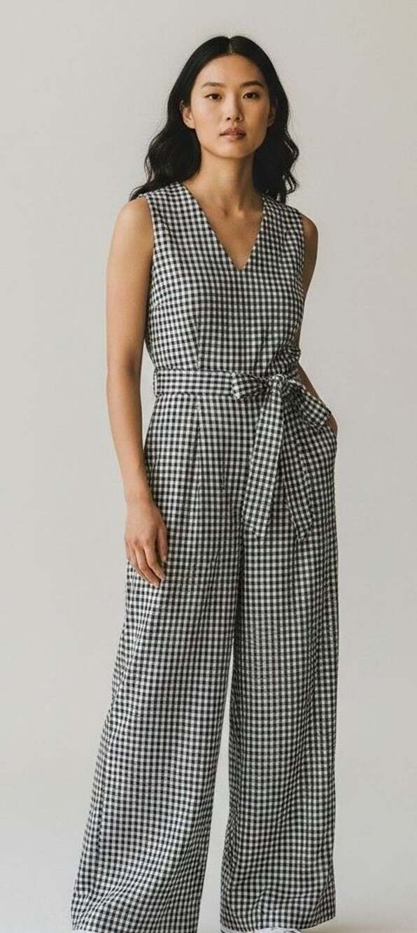 Calvin Klein Women's Sleeveless V-Neck Belted Houndstooth Wide-Leg Jumpsuit